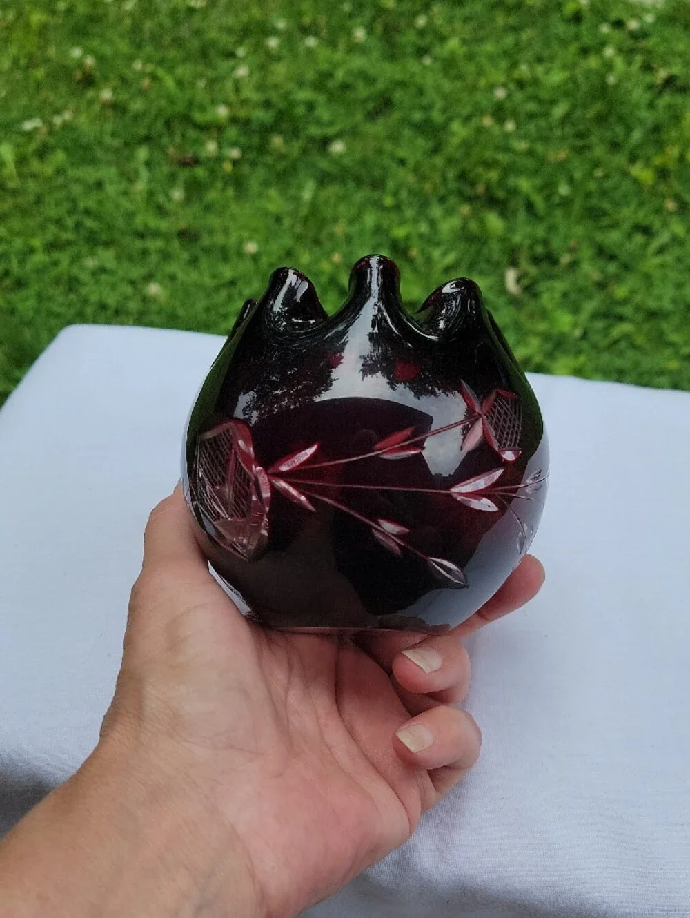 Ruby Red Cut Glass Bowl with Scalloped Rim Bud Vase